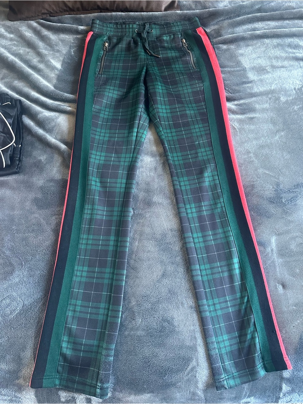 Pam & Gela Black and Green Plaid Track Pants with Red Accent